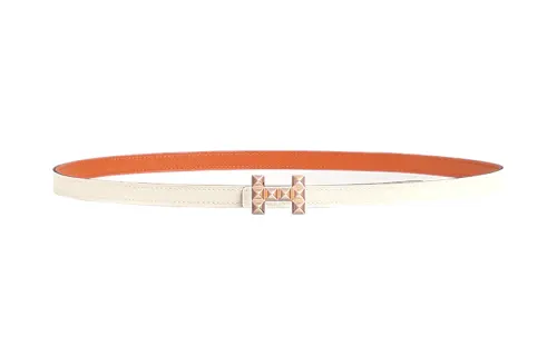 HERMES Double sided Medor Calfskin Leather Belts Women's Cream White/Orange Width 1.3cm