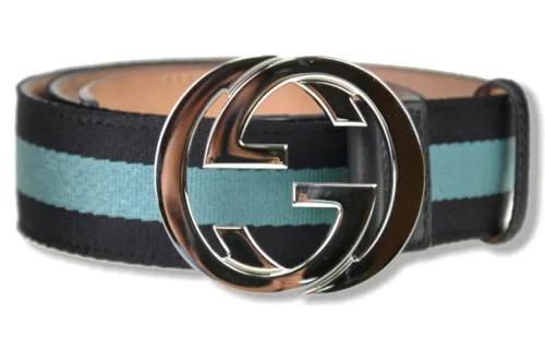 GUCCI Interlocking G Canvas Leather Nylon Leather Belts Women's Marine Blue Width 3cm
