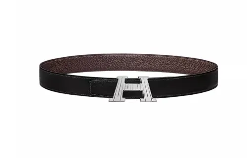 HERMES Metal Calfskin Leather Belts Men's Width 3.2cm
