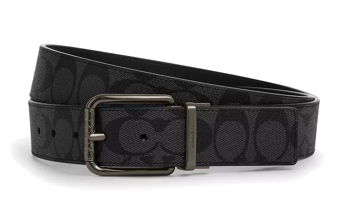 COACH Coated Canvas With Calfskin Leather Belts Men's Charcoal/Black Width 3.8cm