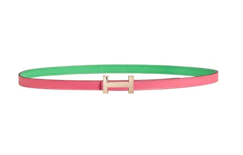HERMES Double sided Focus Calfskin Leather Belts Women's Rose Red/Green Width 1.3CM