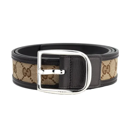 GUCCI Cow Leather Canvas Leather Belts Men's Brown Width 4cm