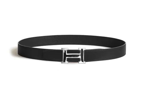 HERMES H Belt Buckle Palladium Plated Metal, Calfskin Leather Belts Men's Width 3.2cm