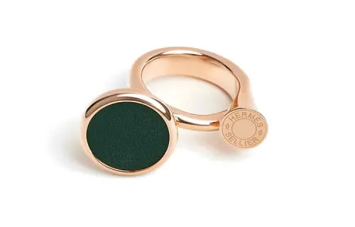 HERMES Calfskin, Rose Gold Plated Rings Women's Green