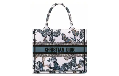 DIOR BookTote Embroidery Tote Bag, Shopping Bag, Handbag Small Women's White & Light Midnight Blue