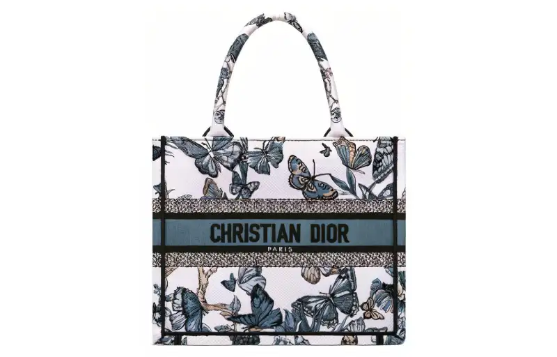 DIOR BookTote Embroidery Tote Bag, Shopping Bag, Handbag Small Women's White & Light Midnight Blue