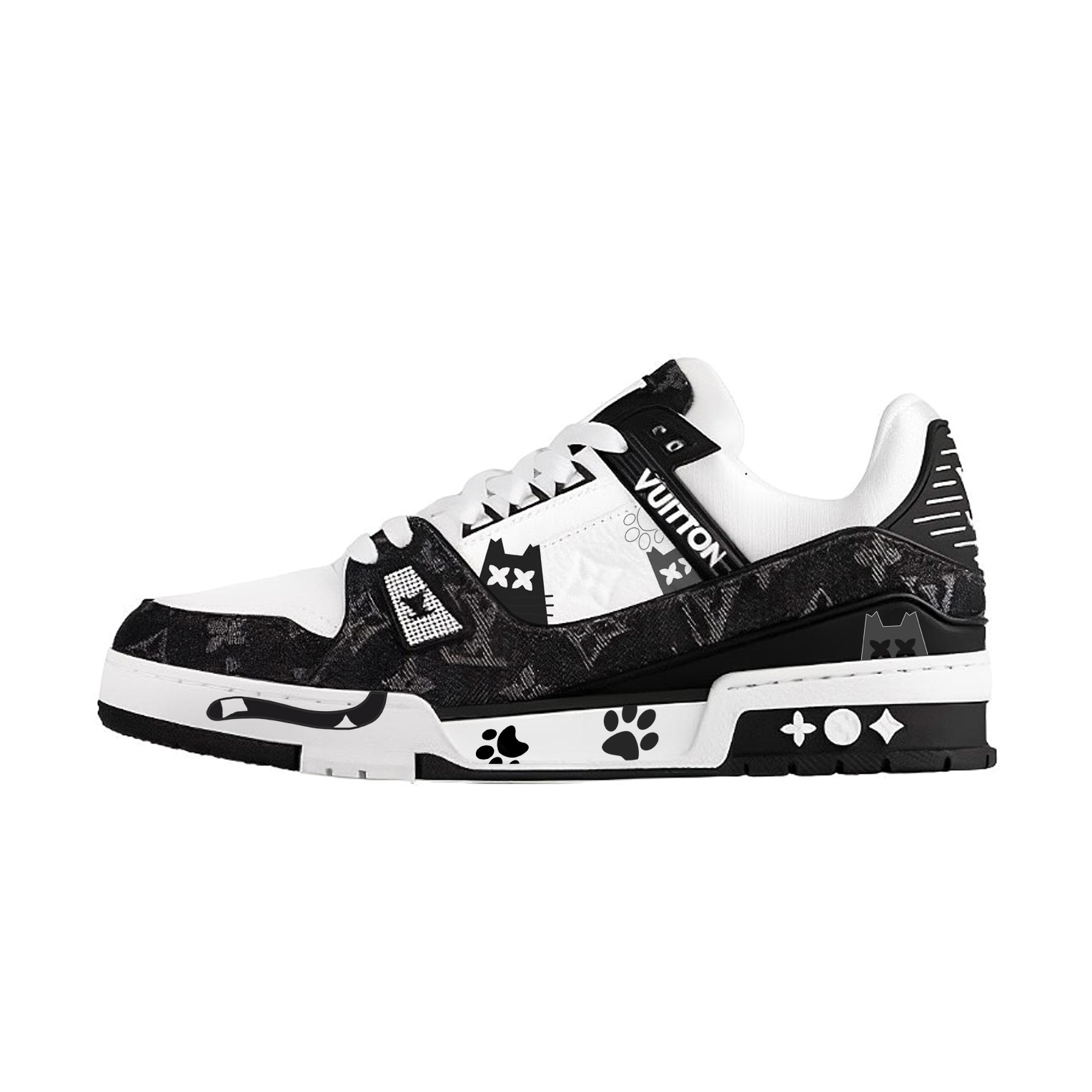 LOUIS VUITTON Panda, Kitten Cow Leather Low top Skateboard Shoes Unisex Black White