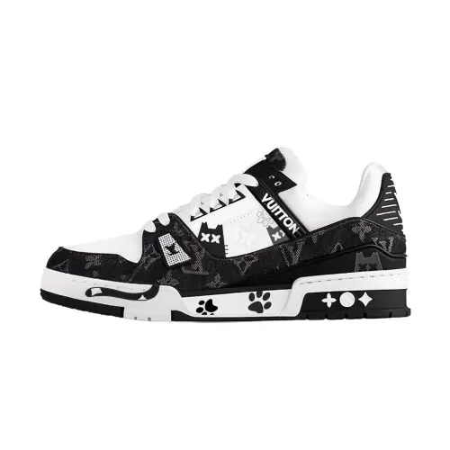 LOUIS VUITTON Panda, Kitten Cow Leather Low top Skateboard Shoes Unisex Black White