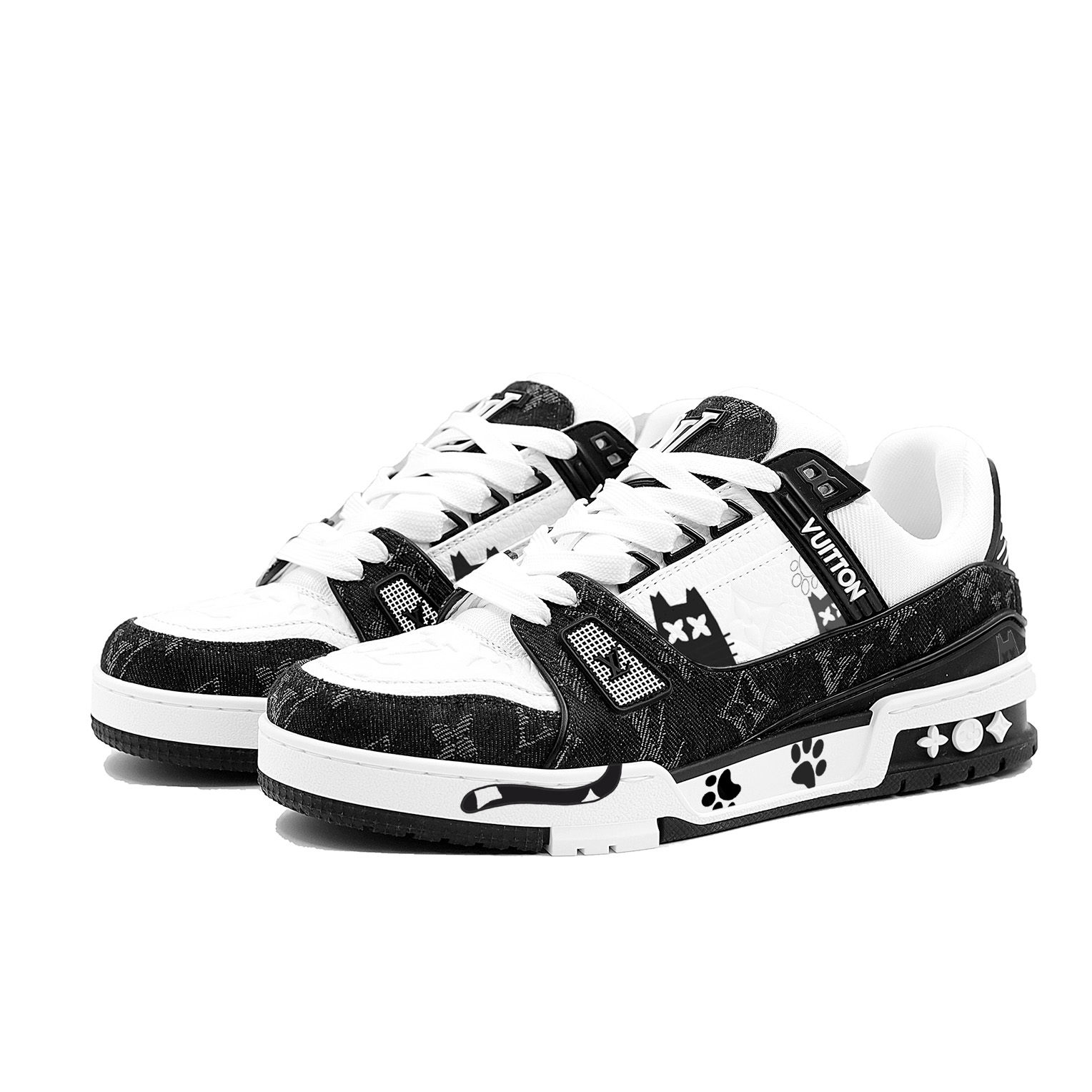 LOUIS VUITTON Panda, Kitten Cow Leather Low top Skateboard Shoes Unisex Black White