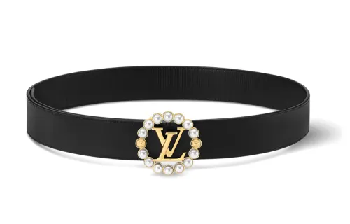 LOUIS VUITTON Cow Leather, Metal, Resin, Pearl Leather Belts Women's Black Width 3.5cm
