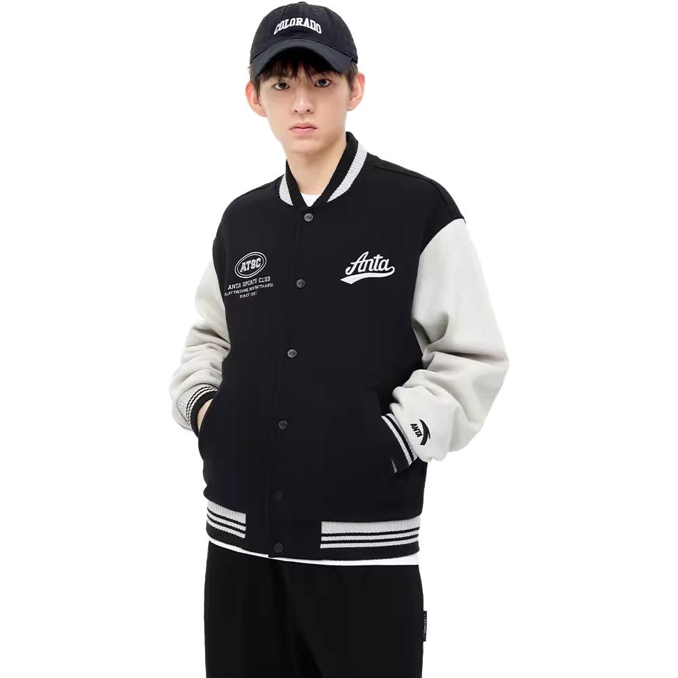 Anta Sports Life Series Sports Life Series Letter Color Block Single-breasted Thickened Fleece Baseball Jacket for Men, Basic Black