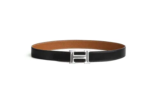 HERMES Palladium Plated Metal, Calfskin Leather Belts Men's Width 3.2cm