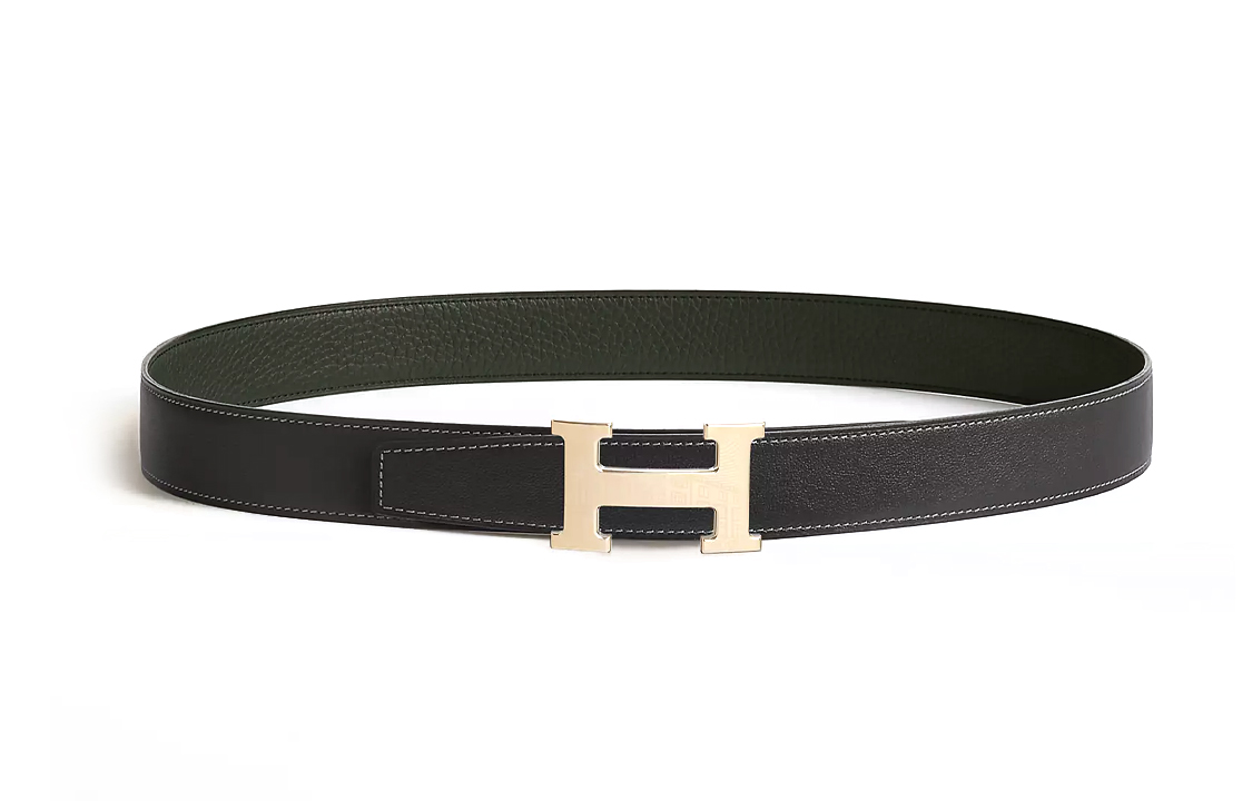 HERMES Double Sided H Decoration Leather Belts Men's Green/Gray Width 3.2CM