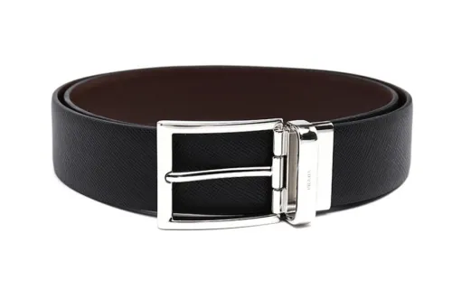 PRADA Calfskin Leather Belts Men's Black Width 3.2cm