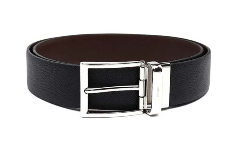 PRADA Calfskin Leather Belts Men's Black Width 3.2cm