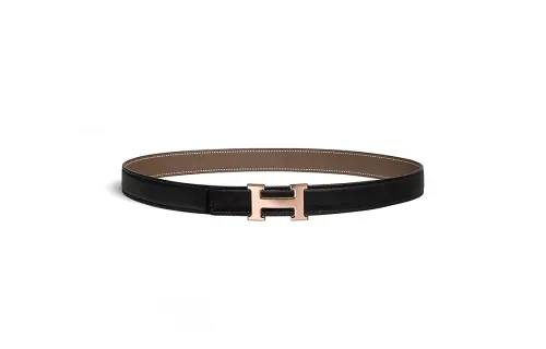 HERMES Rose Gold Plated Metal Leather Calfskin Leather Belts Women's Width 2.4cm