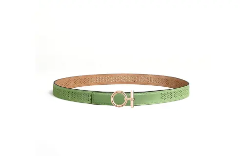 HERMES Floral Pattern, Smooth Buckle Leather Belts Women's Green Width 2.4CM