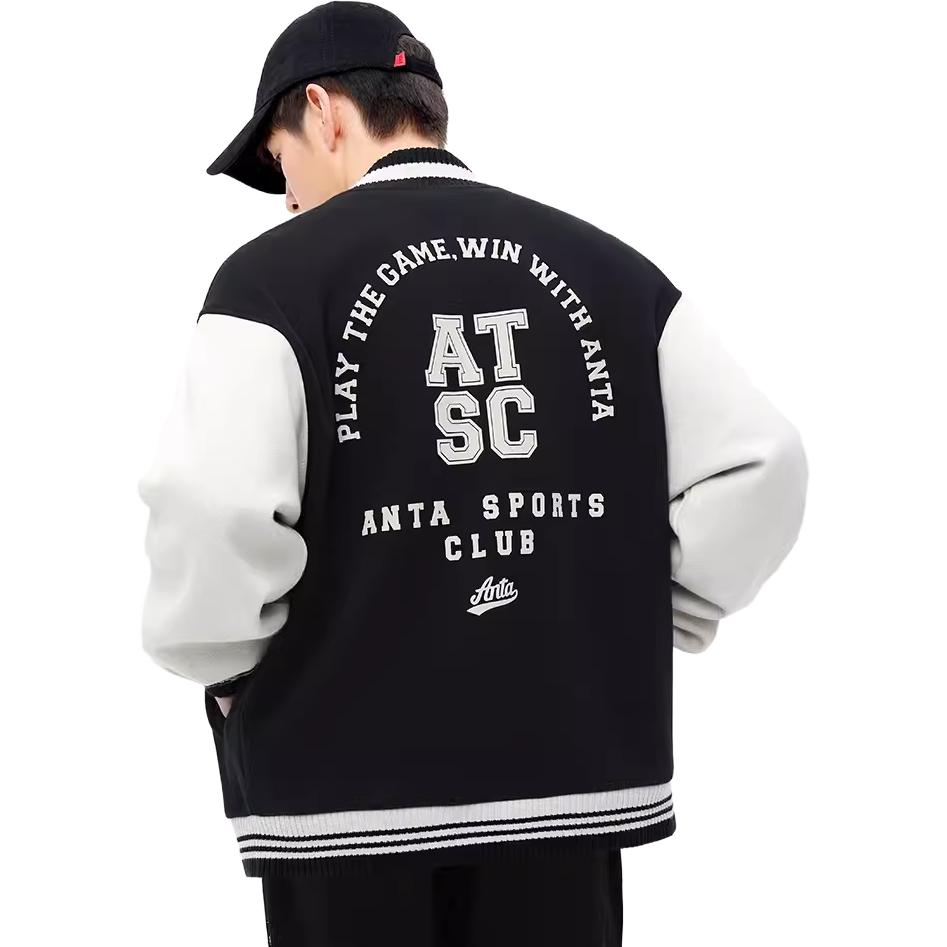 Anta Sports Life Series Sports Life Series Letter Color Block Single-breasted Thickened Fleece Baseball Jacket for Men, Basic Black