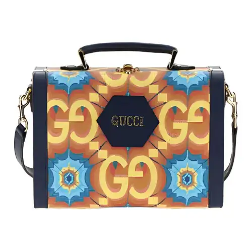 GUCCI Canvas With Leather Handbag Women's Blue & Orange