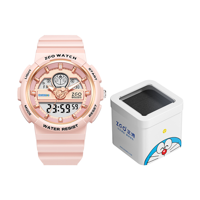 Authentic ZGO x Clearance Doraemon co-branded sports watch for junior and senior high school students, attractive and cute, simple casual versatile gift box version, electronic movement, domestic brand, unisex model, pink dial, 50 meters water resistant