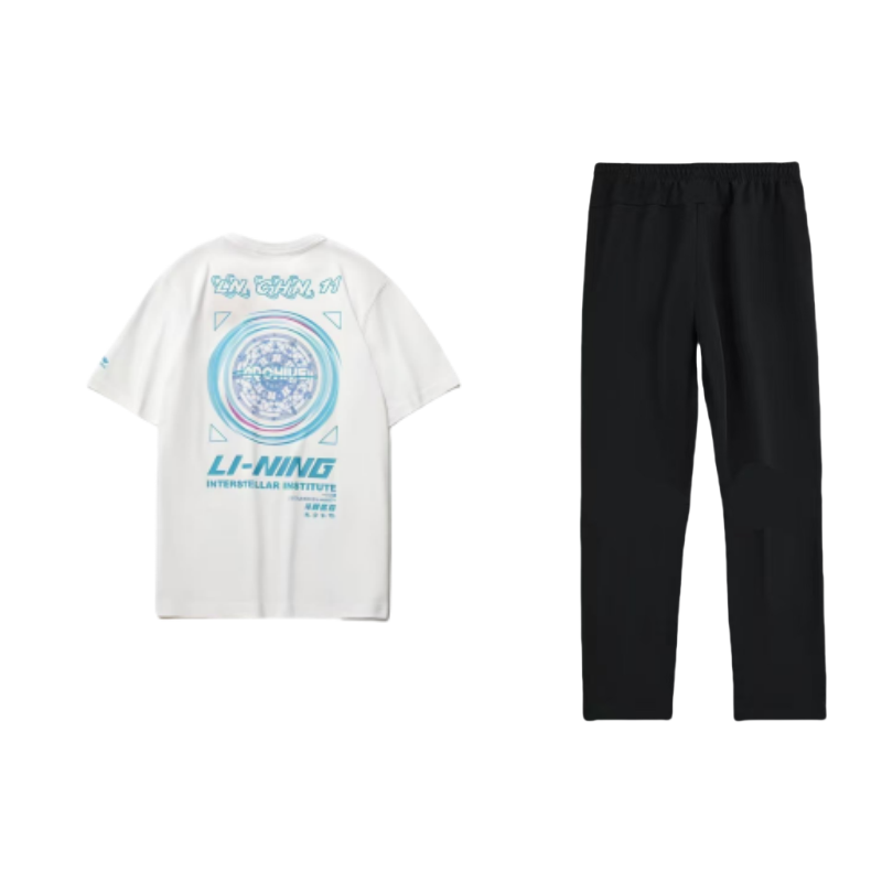 Li Ning Casual Sportswear Men’s Clothing Set White T Shirt+Black Pants Crew Neck Moderate