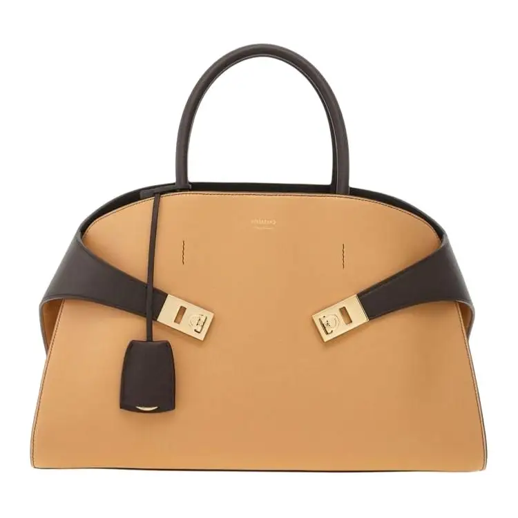 FERRAGAMO Ferragamo Hug Adjustable and Removable Shoulder Strap Calfskin One-Shoulder Crossbody Handbag Medium Women's Light Camel and Moro Testa