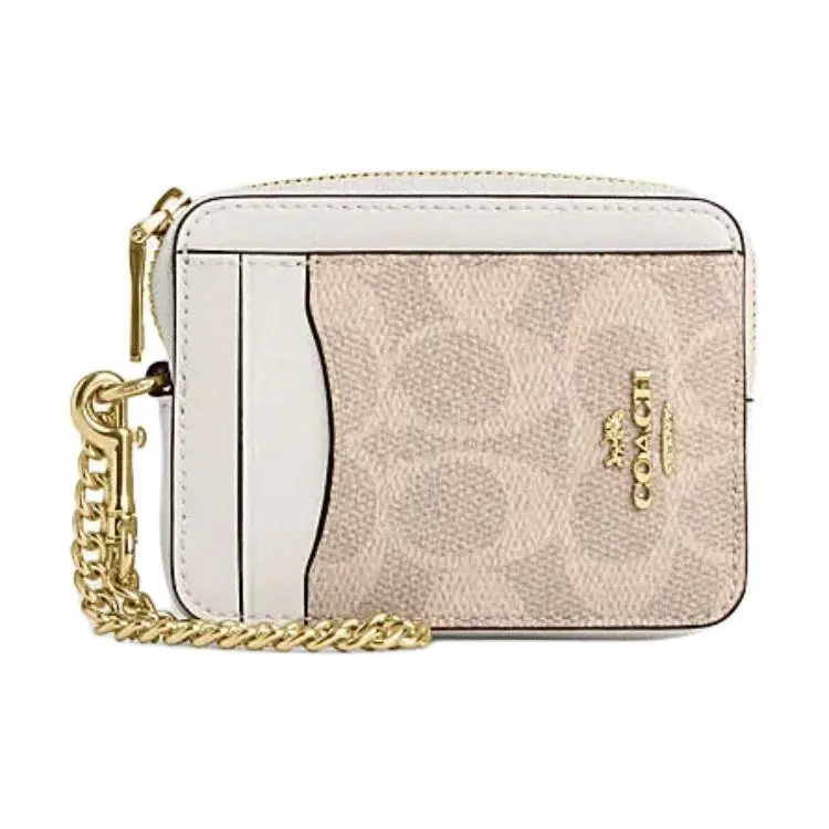 COACH Zip Top Card Case Artificial Leather With Recycled Leather Card Holder Women's Sand Yellow & Chalk White