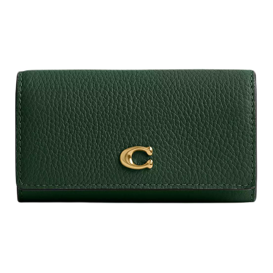 COACH Coach key case 11 metal logo snap closure polished pebbled leather key case women's hunter green