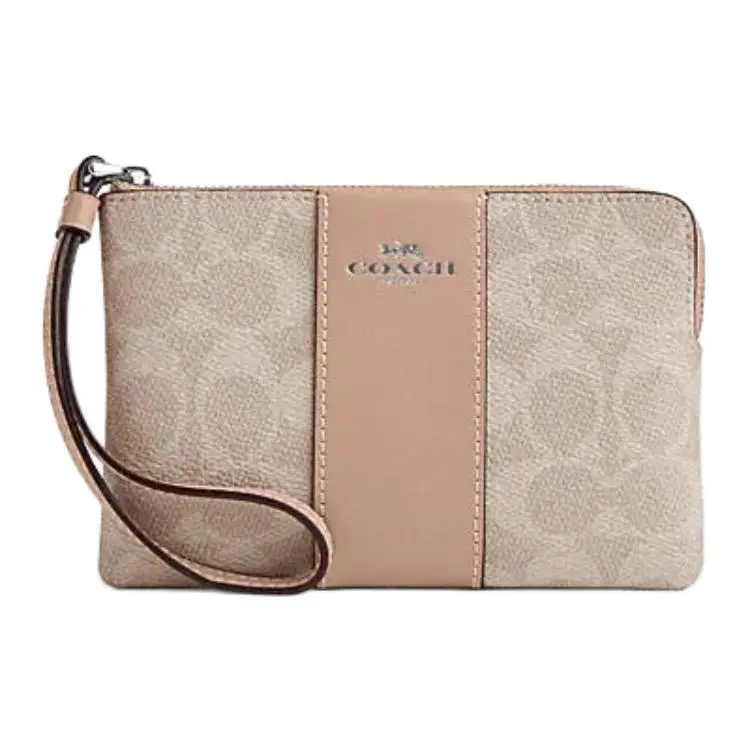 COACH Corner Zip Artificial Leather, Cow Split Leather Wrist Bag Clutch Small Women's Taupe
