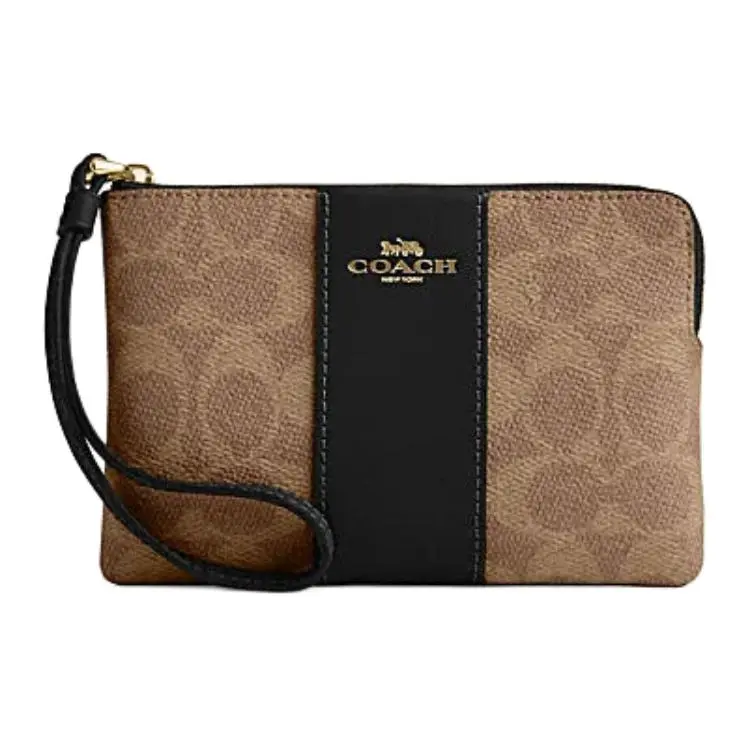 COACH Corner Zip Artificial Leather, Cow Split Leather Wrist Bag Clutch Regular Women's Brown & Yellow & Black