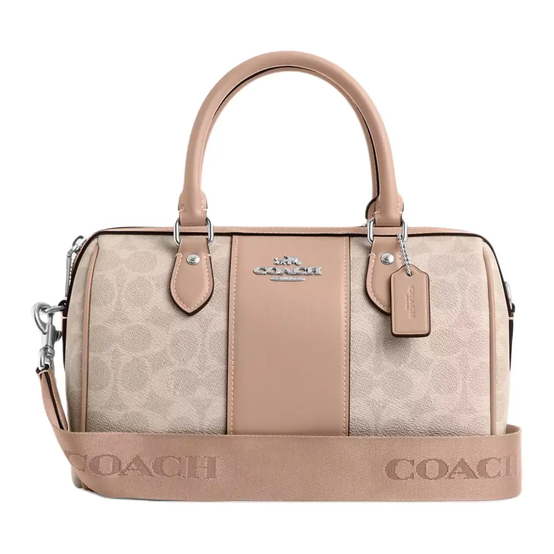 COACH Rowan Coated Canvas Shoulder Bag, Crossbody Bag, Handbag Medium Women's Silver & Sand & Gray Umber