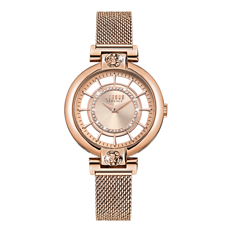 VERSUS Versace, quartz watch strap stainless steel, golden dial, fashionable women's watch, quartz mechanism, light luxury style, pink gold, for beloved