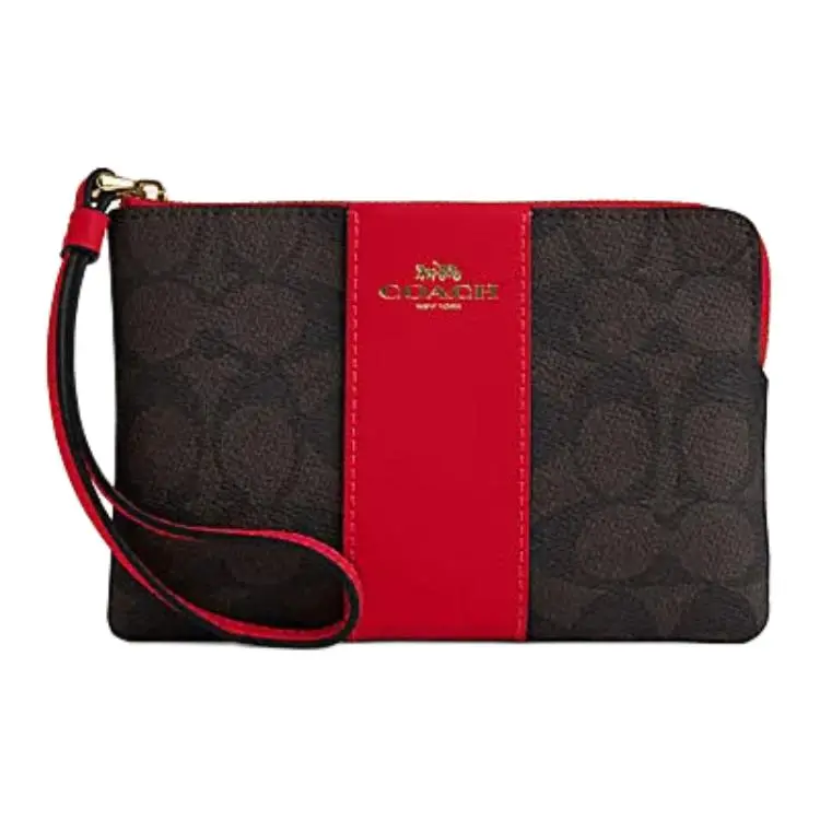 COACH Corner Zip Artificial Leather, Cow Split Leather Wrist Bag Clutch Small Women's Walnut & Red