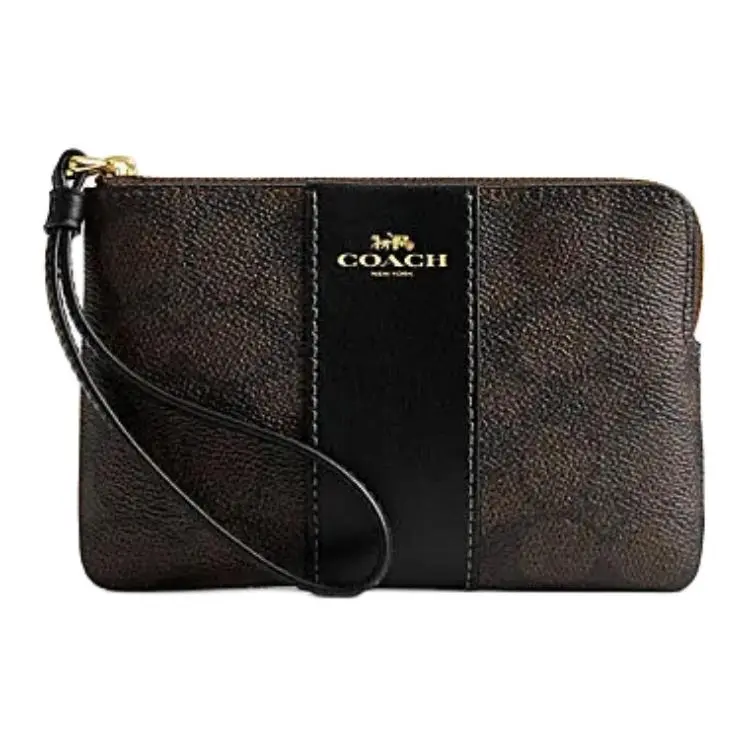 COACH Corner Zip Artificial Leather, Cow Split Leather Wrist Bag Clutch Small Women's Walnut & Black