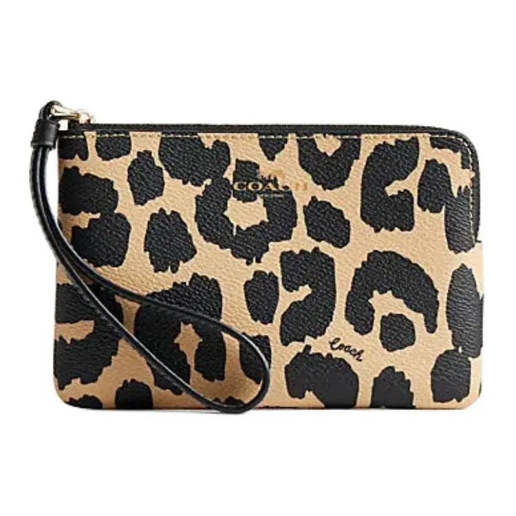 COACH Corner Zip Artificial Leather Wrist Bag Clutch Women's Leopard Print Mixed Color