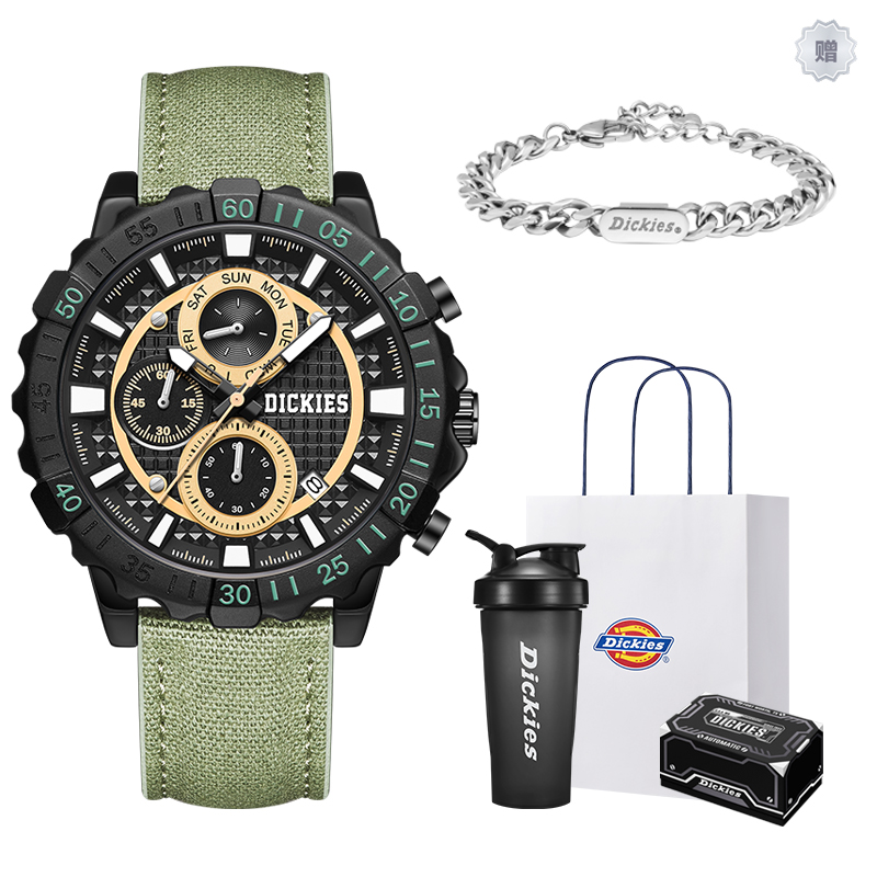Dickies Nylon quartz watch strap, black dial, men's watch, classic sports travel gift box for students, universal waterproof calendar, quartz mechanism