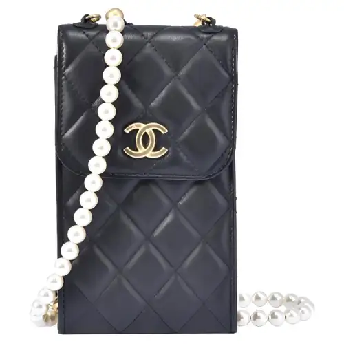 CHANEL Lambskin Shoulder Bag, Crossbody Bag Cell Phone Pouch Mini Women's Black