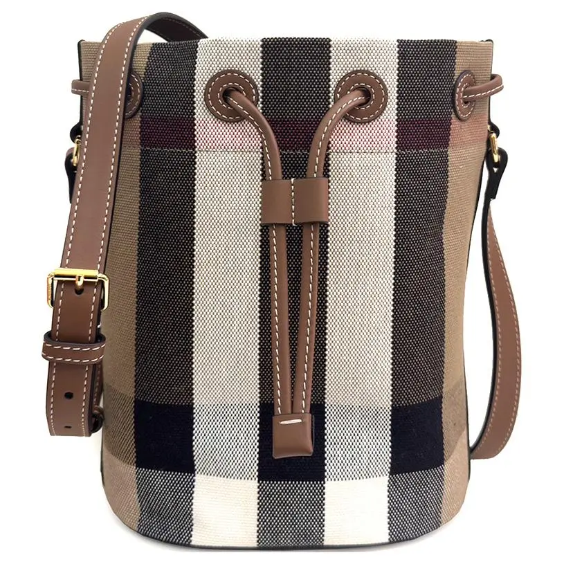 Burberry Cotton Linen Blend With Cow Leather Bucket Bag, Shoulder Bag, Crossbody Bag Women's Brown