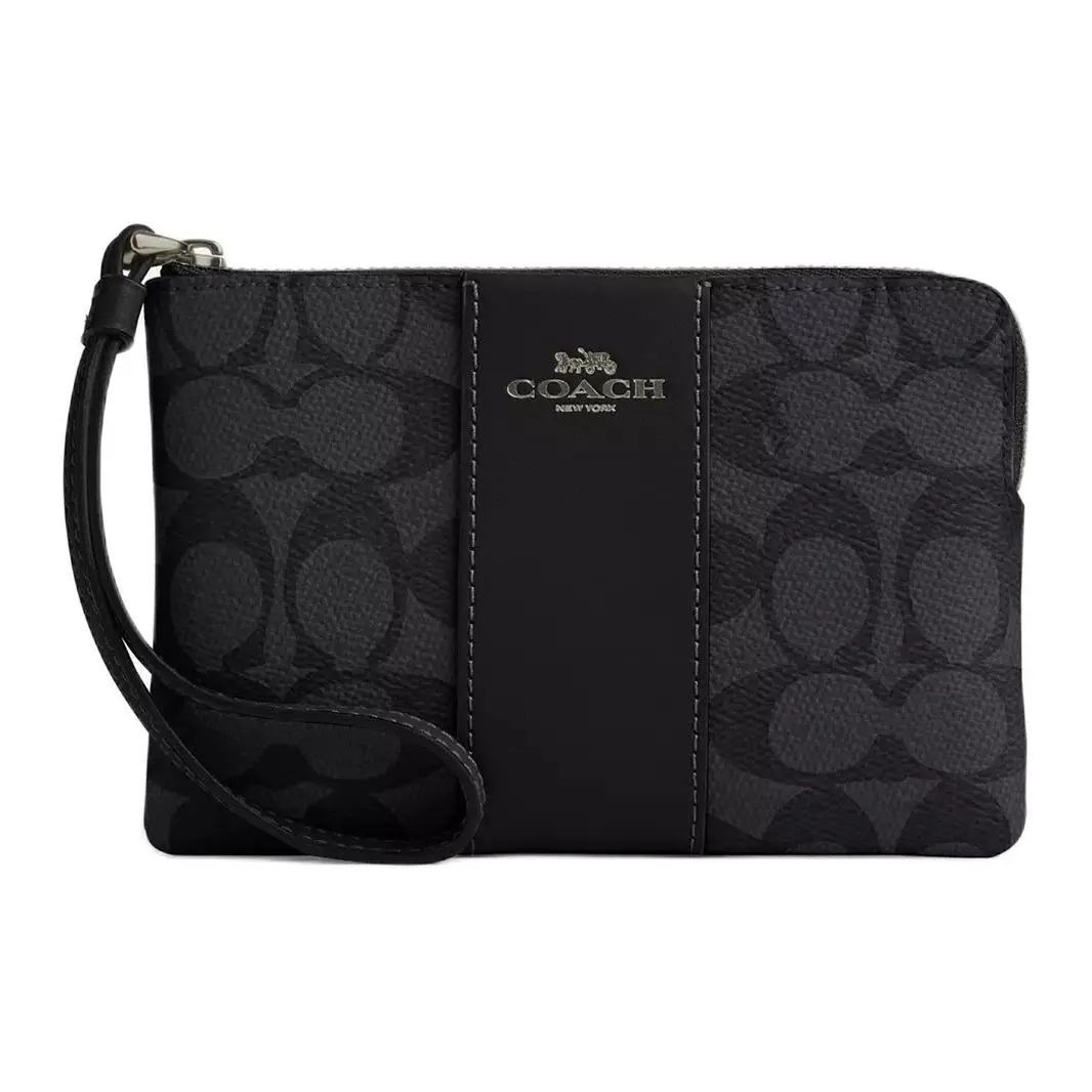 COACH Corner Zip Artificial Leather Clutch Small Women's Charcoal & Black