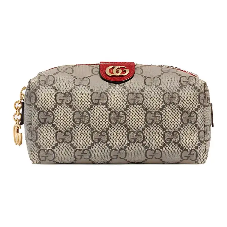 GUCCI Ophidia Canvas With Leather Clutch Makeup Bag Toiletry Bag Medium Women's Ebony/Red