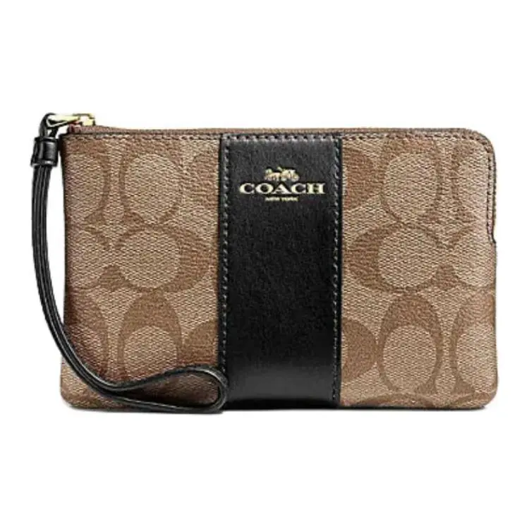 COACH Corner Zip Coated Canvas With Recycled Leather Clutches Women's Khaki & Black