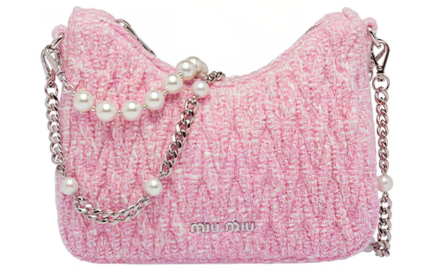 MIU MIU Matelassé Pearl Chain Soft Sheep Leather Shoulder Bag, Crossbody Bag, Handbag Women's Pink