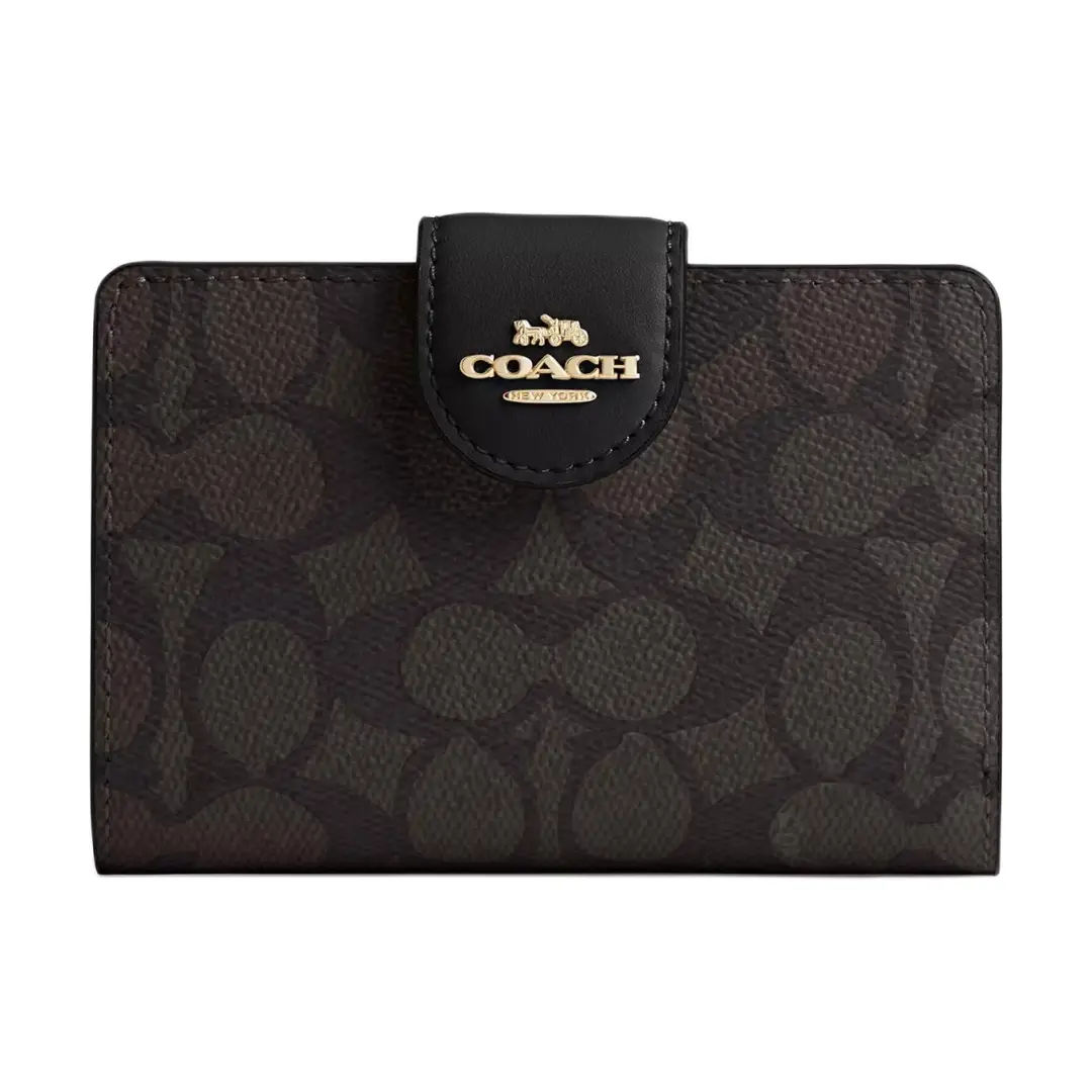 COACH SignatureCanvas High Quality Leather Wallet Women's Walnut & Black