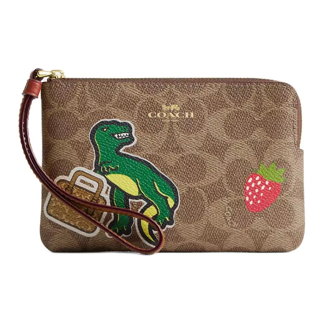COACH Corner Zip Coated Canvas Clutch Small Women's Tan Multicolor