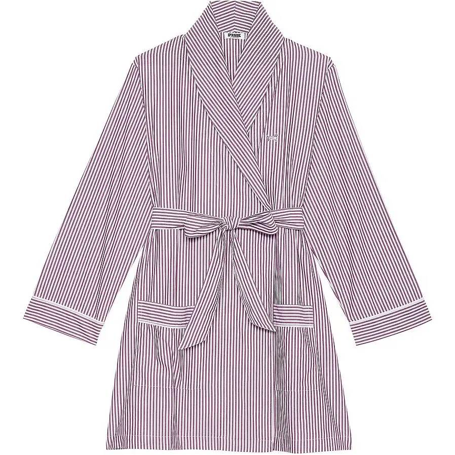 Victoria's Secret PINK Cotton Poplin Short Robe/WR S P W/D G Sleep Robe Women's Wild Rose Stripes