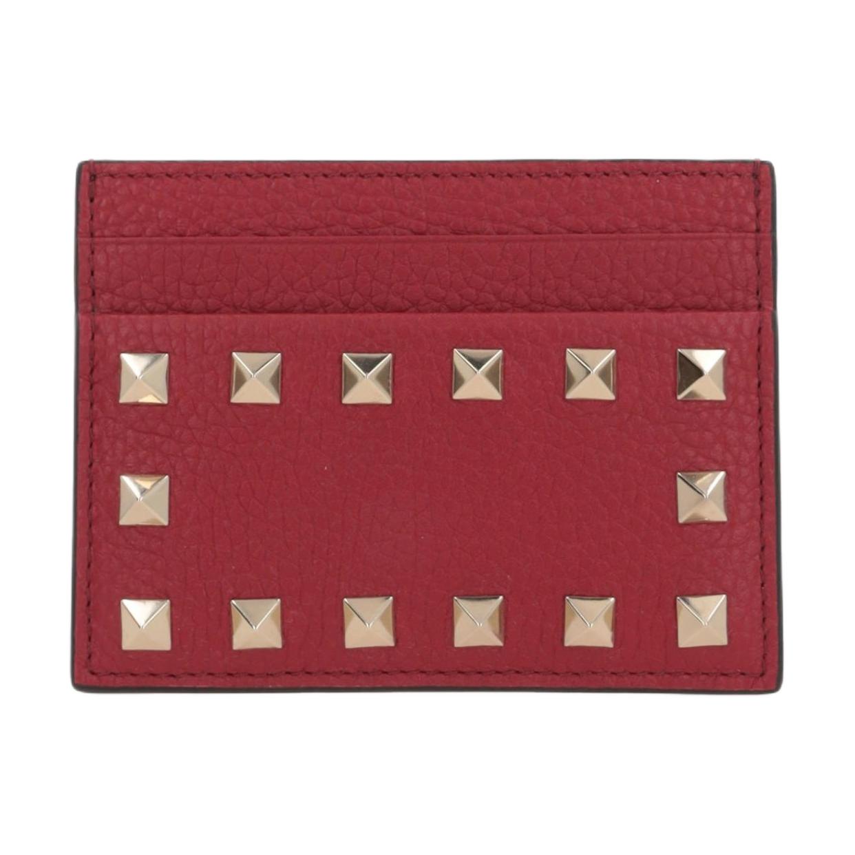 Valentino Valentino Rockstud logo with signature platinum metal studs Calfskin Card Holder Women's Red