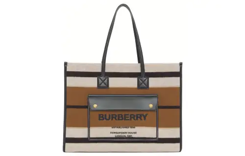 Burberry Freya Stripes Shearling With Leather Tote Bag, Shopping Bag, Shoulder Bag, Handbag Medium Women's