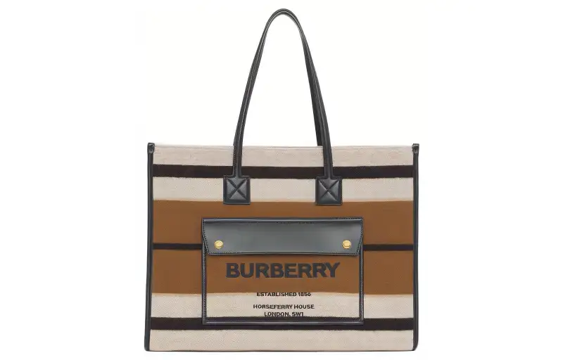 Burberry Freya Stripes Shearling With Leather Tote Bag, Shopping Bag, Shoulder Bag, Handbag Medium Women's