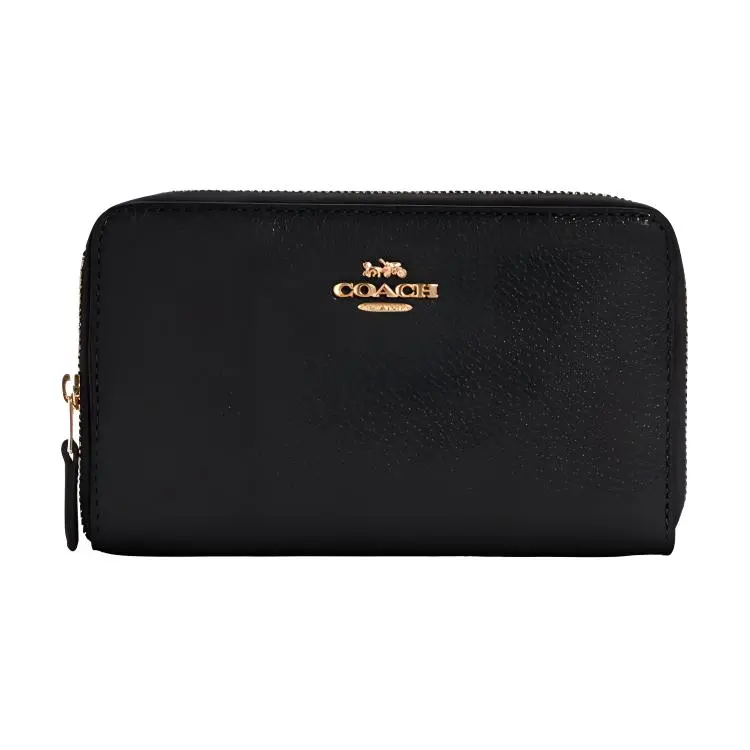 COACH Zip Around Leather Circumferential Zip Closure Wallet Card Holder Medium Women's Pure Black