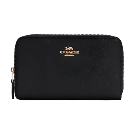 COACH Zip Around Leather Circumferential Zip Closure Wallet Card Holder Medium Women's Pure Black